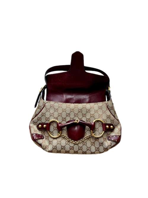 Gucci Horsebit 1955 Burgundy Leather GG Monogram Gold Chain Flap - Image 5