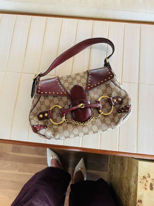Gucci Horsebit 1955 Burgundy Leather GG Monogram Gold Chain Flap - Image 2