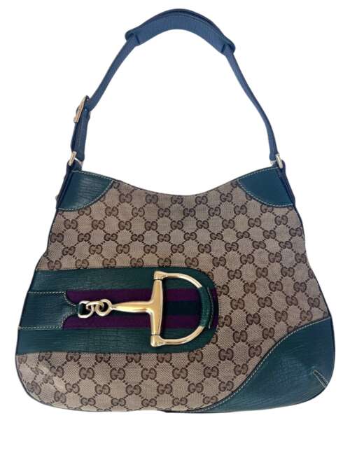 Gucci Horsebit Hasslerbit GG Canvas x Leather Shoulder Bag Beige x Green - Image 2