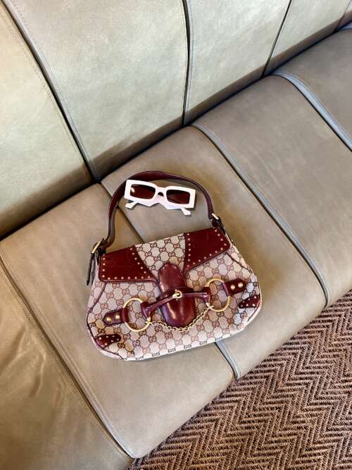 Gucci Horsebit 1955 Burgundy Leather GG Monogram Gold Chain Flap