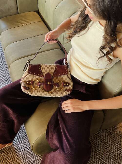 Gucci Horsebit 1955 Burgundy Leather GG Monogram Gold Chain Flap - Image 3
