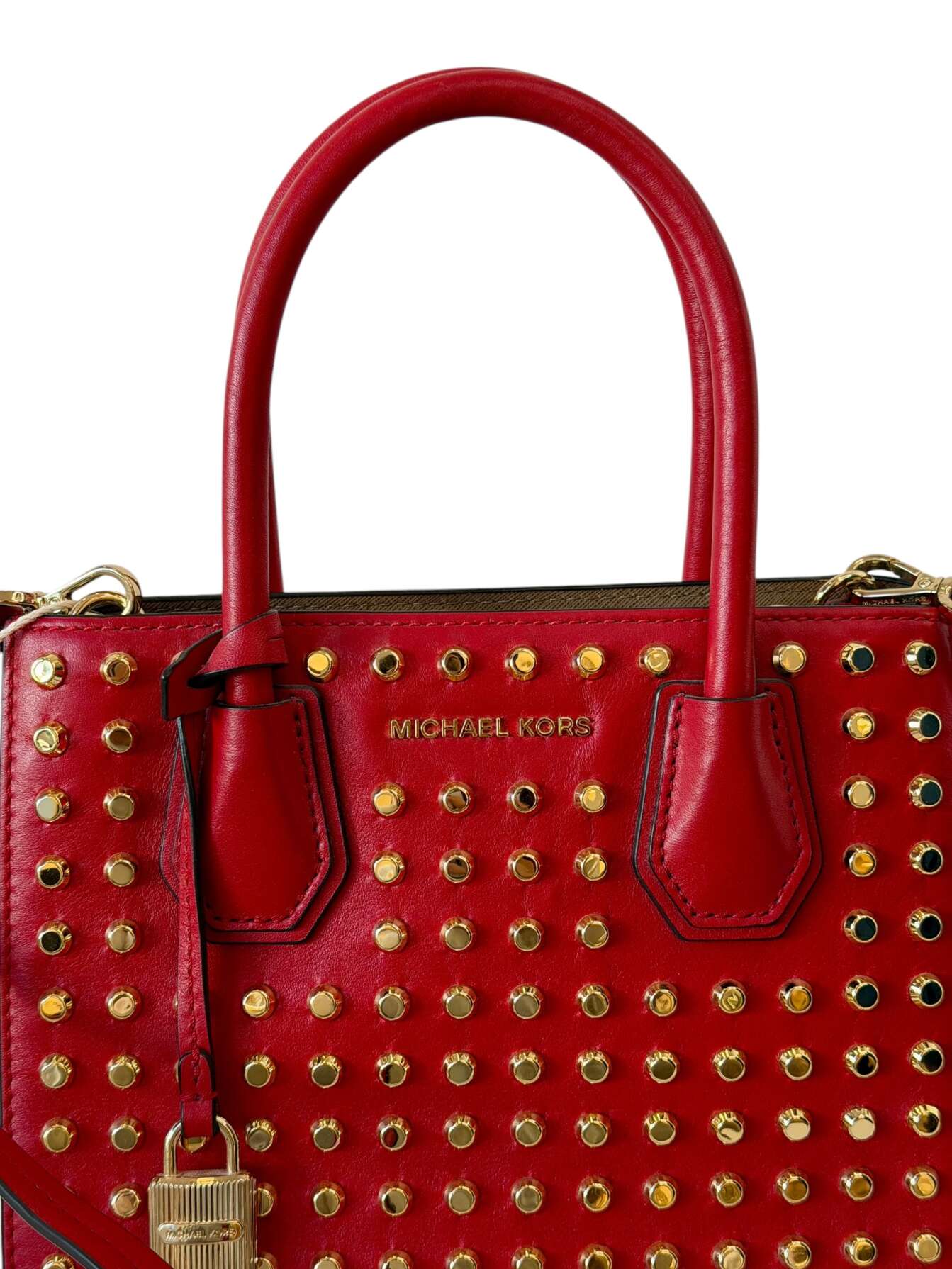 Michael Kors Κόκκινη Δερμάτινη Τσάντα με Χρυσά Τρουκς - Image 2
