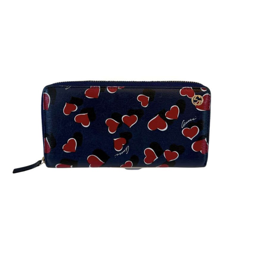 Gucci Heartbeat Zip Around Πορτοφόλι σε Navy με Κόκκινες Καρδιές