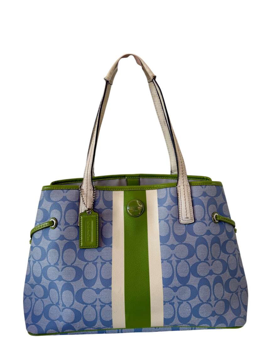 Coach Signature Γαλάζια Tote Τσάντα με Πράσινες Λεπτομέρειες