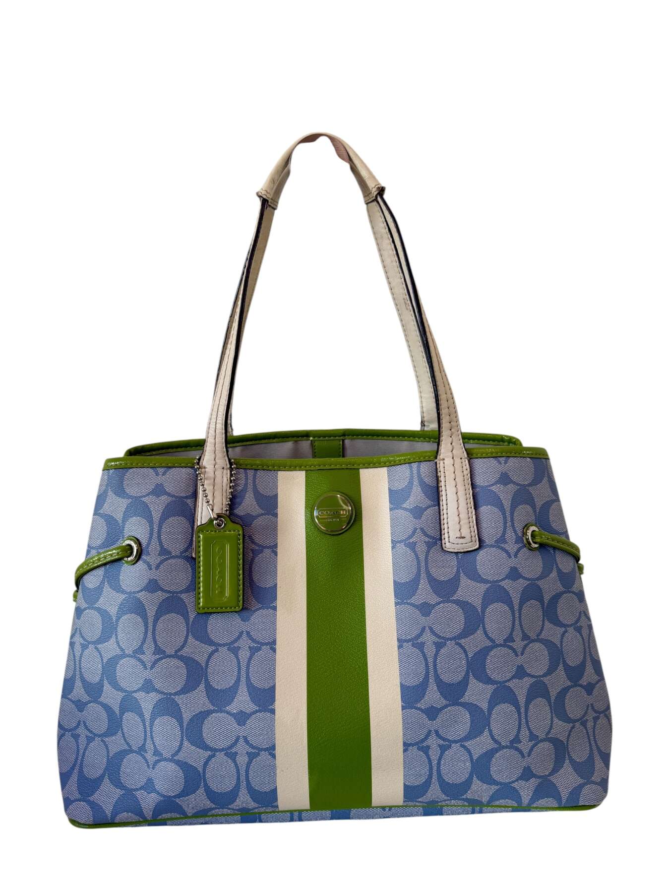 Coach Signature Γαλάζια Tote Τσάντα με Πράσινες Λεπτομέρειες
