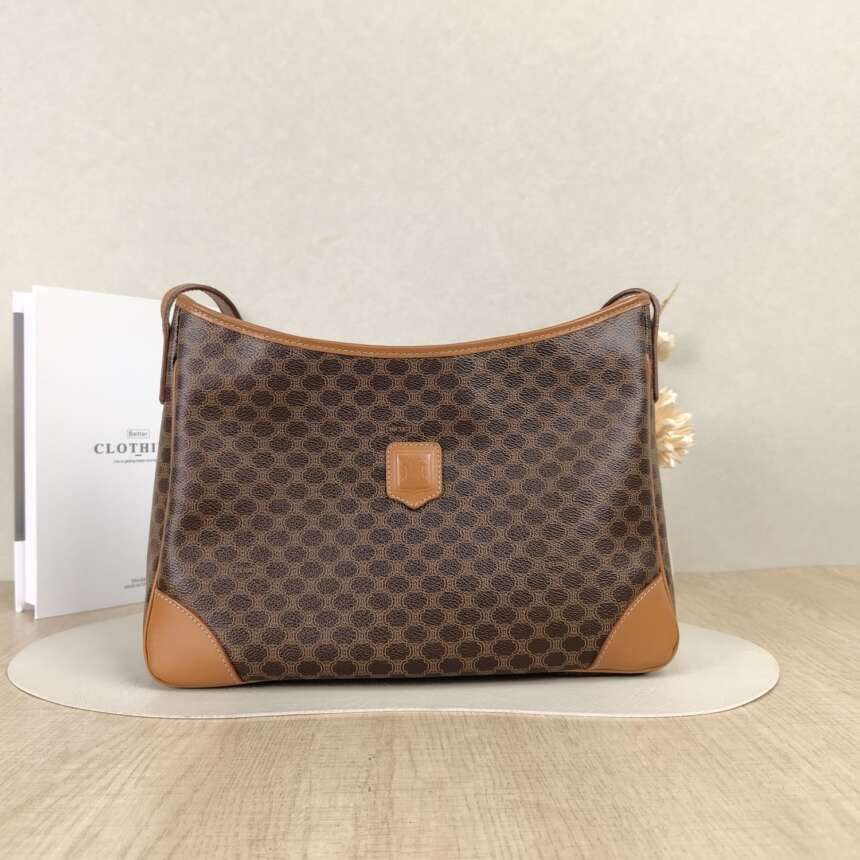 Céline Vintage Macadam Canvas — Καφέ Τσάντα Ώμου με Ταμπά Δέρμα