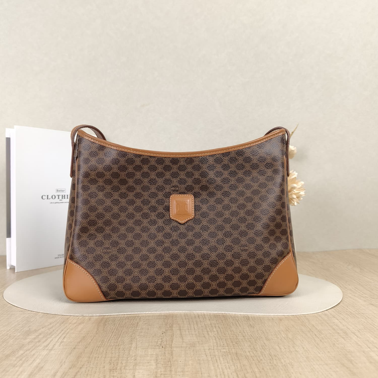 Céline Vintage Macadam Canvas — Καφέ Τσάντα Ώμου με Ταμπά Δέρμα