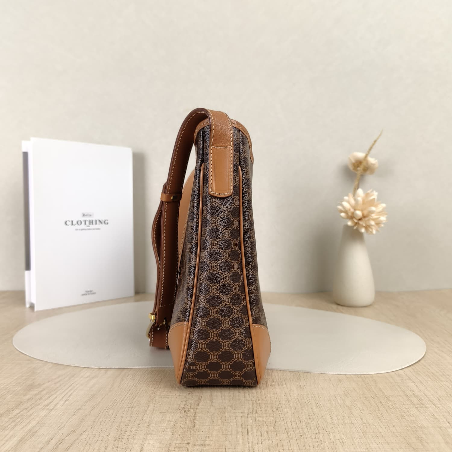 Céline Vintage Macadam Canvas — Καφέ Τσάντα Ώμου με Ταμπά Δέρμα — φωτογραφία 6