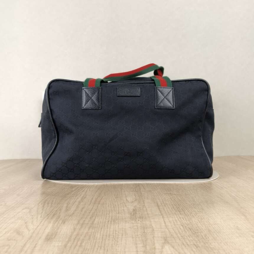 Gucci GG Canvas Boston Bag — Μπλε Σκούρο με Πράσινο-Κόκκινο Web