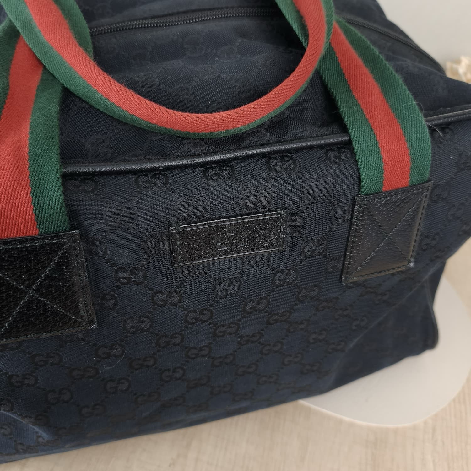 Gucci GG Canvas Boston Bag — Μπλε Σκούρο με Πράσινο-Κόκκινο Web — φωτογραφία 6